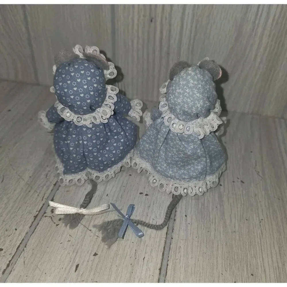 Vtg Hand Made Country Cottage Mice Stuffed Mini Dolls Set Of 2 GrandmaCore 4